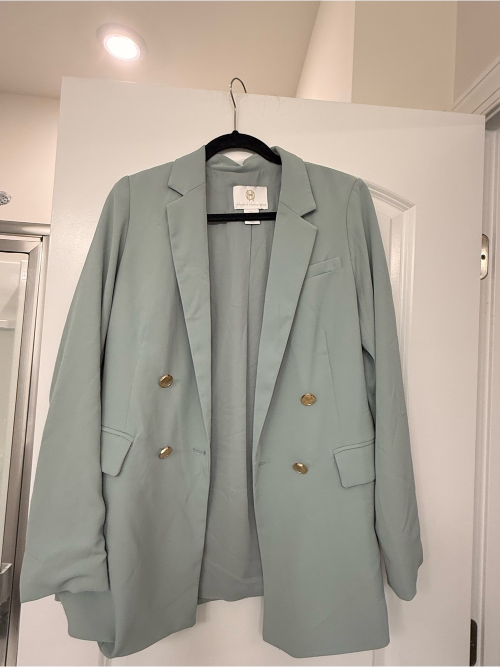 House of Harlow 1960 Mint Green Double-Breasted Blazer with Gold Buttons